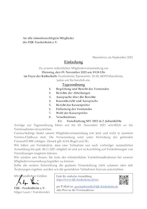 Einladung zur ordentlichen Mitgliederversammlung 2021